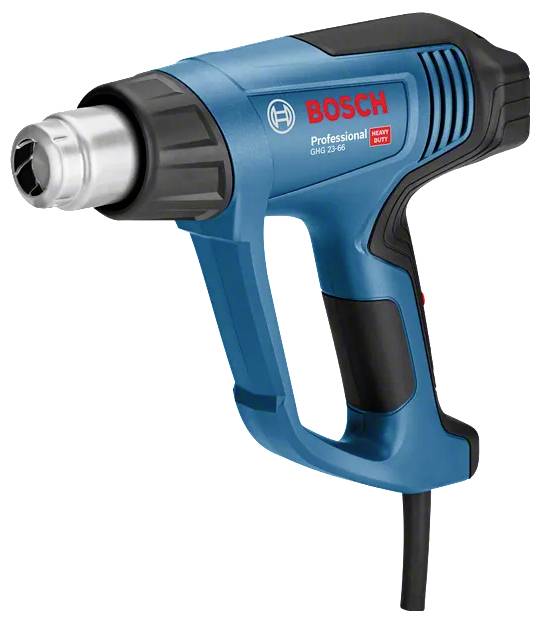Een blauwe Bosch Professional heteluchtpistool met een zwarte handgreep en mondstuk, gelabeld 'GHG 23-66', weergegeven met een stroomkabel.