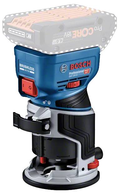 Bosch brushless accu-bovenfrees met een blauw en zwart ontwerp, voorzien van een instelbare snelheidsregelingsdial en zichtbaar PRO Core 18V accucompartiment.