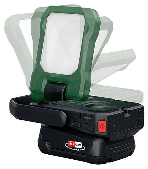 Een groen, draagbaar LED-werkverlichting met verstelbare hoek en rode aan-knop op een zwarte accubasis.