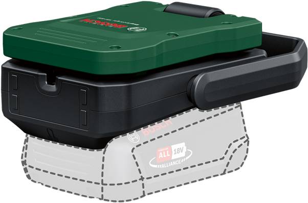 Bosch draadloze gereedschapskist met groen deksel op een grijze 'ALL 18V Alliance' batterijtas illustratie.