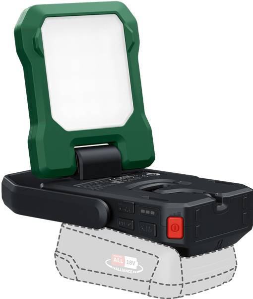 Een draagbare werklamp met een groene inklapbare handgreep en zwarte voet gemonteerd op een vervangbare batterijpack.