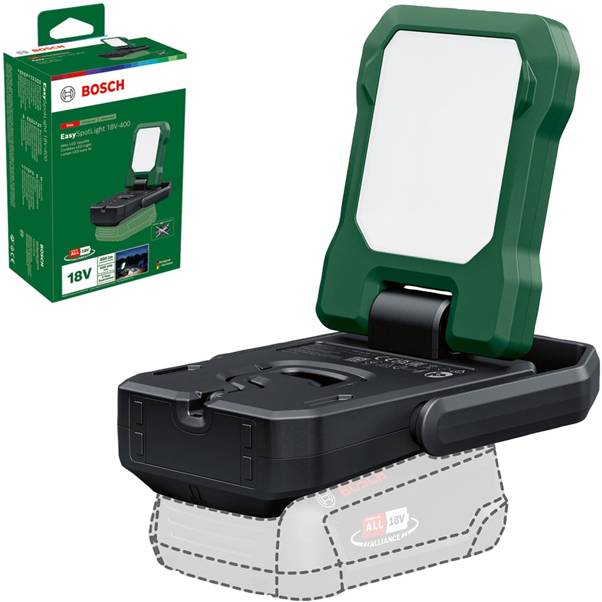 Bosch 18V draadloze werklamp met groen opvouwbaar handvat, weergegeven met de verpakkingsdoos.