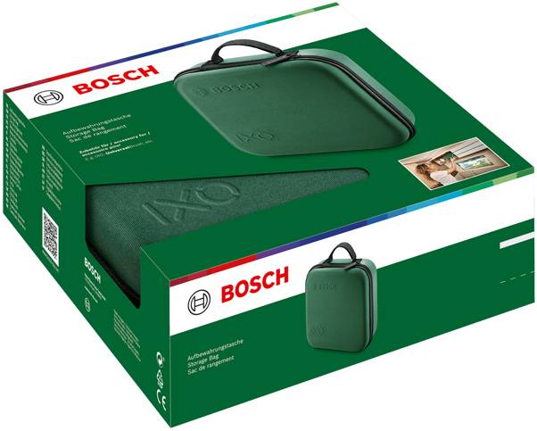 Bosch IXO draagkoffer verpakking, met een groene harde behuizing met een handgreep.