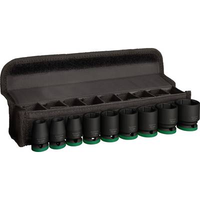 Zwart-groene dopsleutelset met negen noten in een open zwarte stoffen tas, opgesteld in een rij.