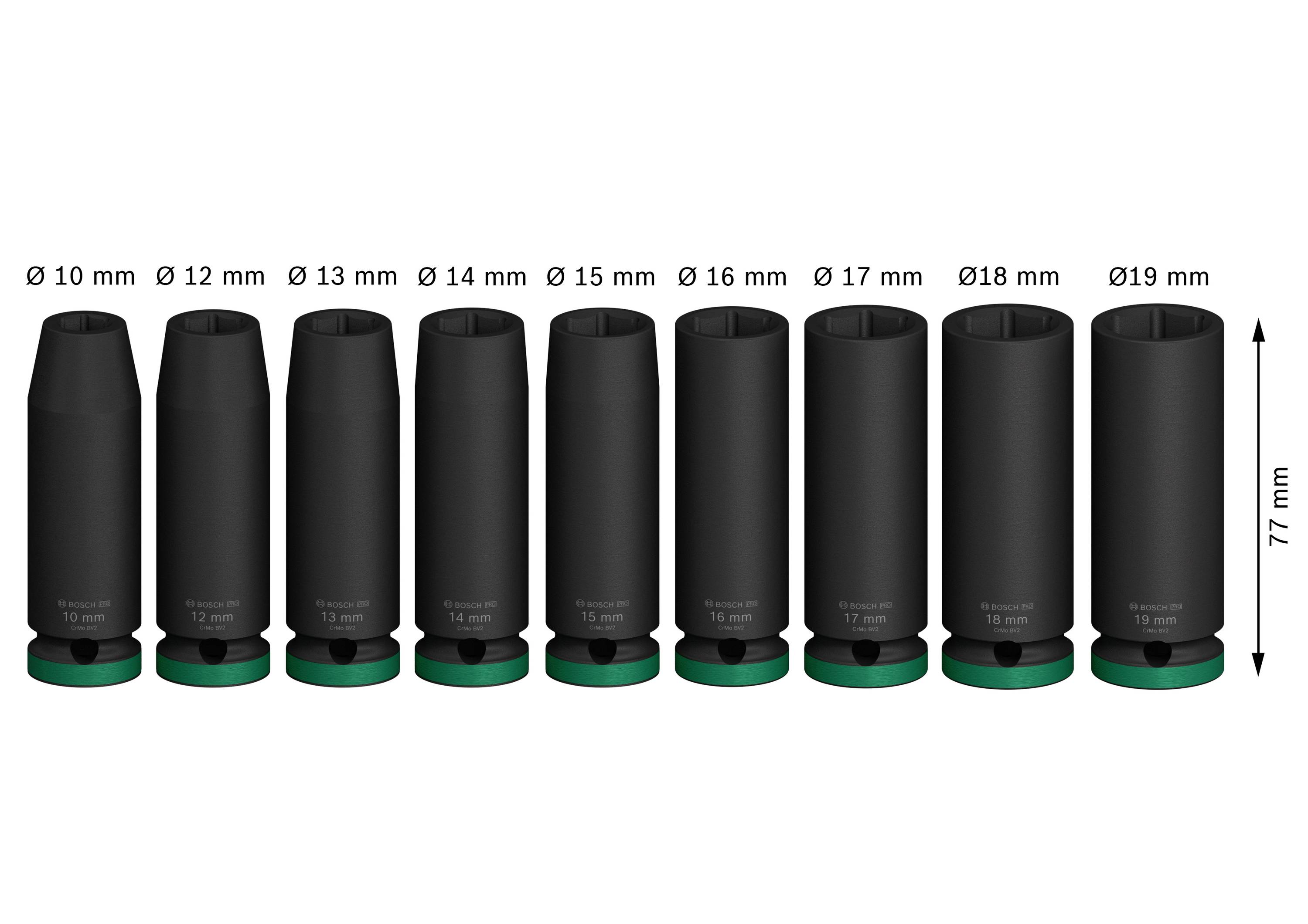Negen zwarte steekdoppen in verschillende maten van Ø10 mm tot Ø19 mm, 77 mm hoog, op een rij van links naar rechts.