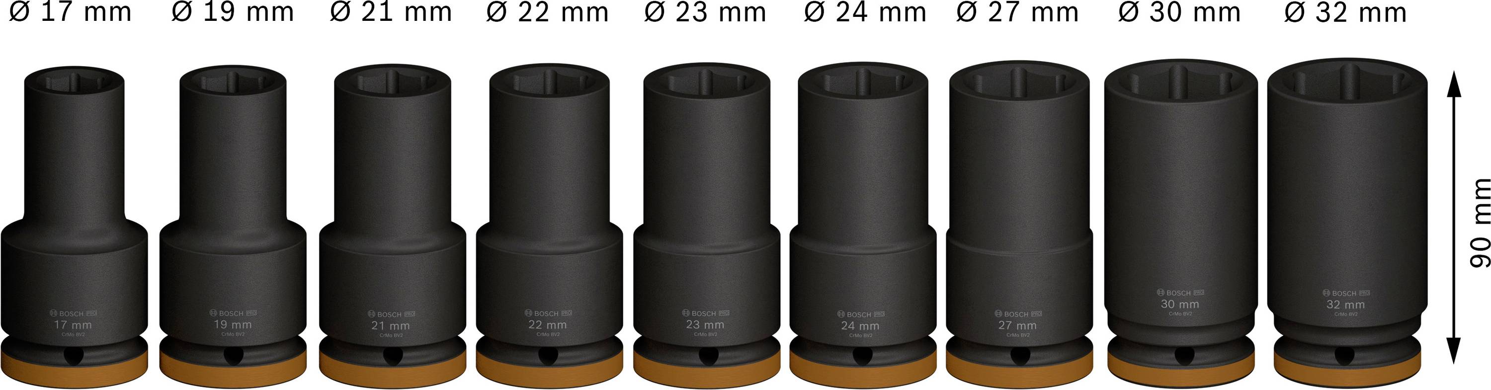 Negen doppen in maten van 17 mm tot 32 mm, alle 90 mm hoog. Elke dop is zwart met een oranje basis.