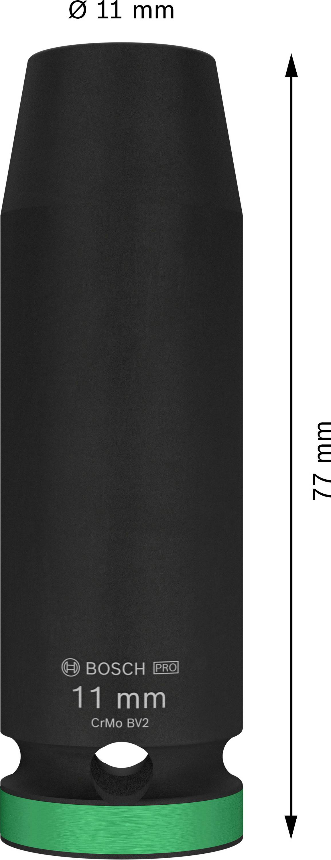'Bosch Pro' steeksleutel, 11 mm diameter, 77 mm lengte, zwart met groene ring, geschikt voor schroefwerkzaamheden.