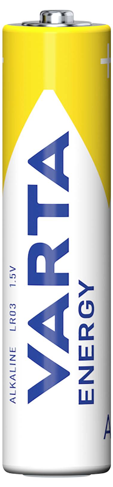 Een geel-witte AA-batterij met blauwe opdruk 'VARTA ENERGY'.