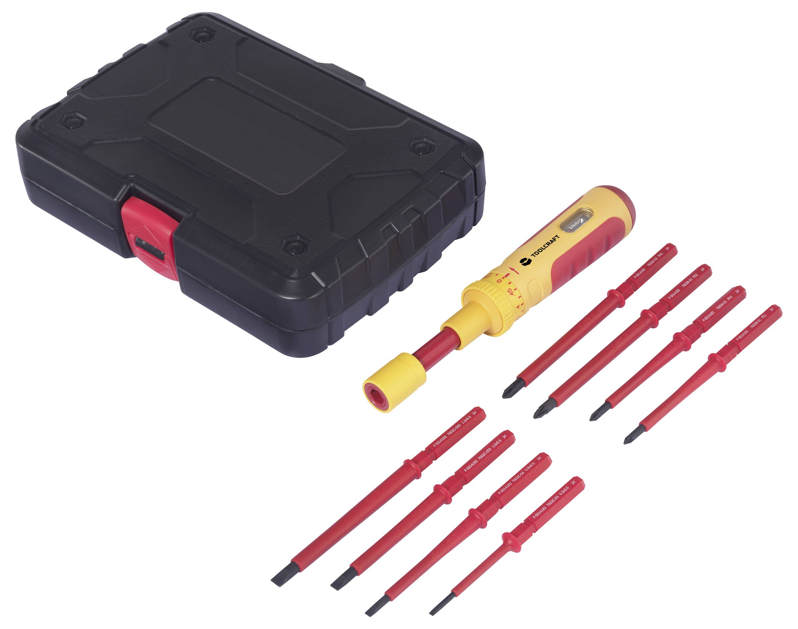 Gereedschapskoffer met schroevendraaierhandvat en acht verwisselbare bits, geschikt voor elektrische installaties.