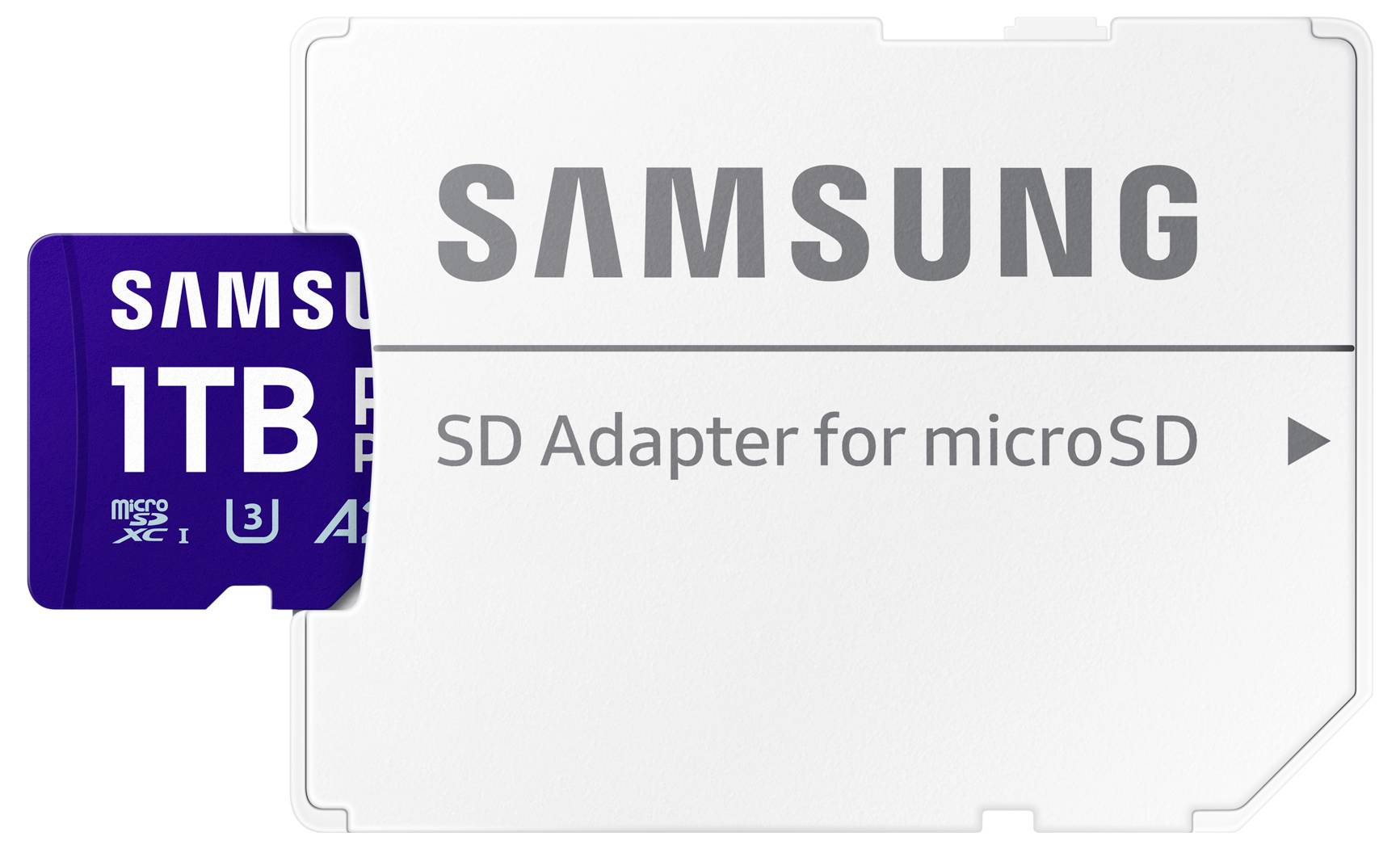 Een Samsung 1TB microSD-kaart naast een witte SD-adapter voor microSD.