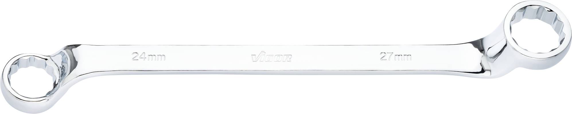 Een verchroomde steeksleutel met de maatvoeringen 24 mm en 27 mm, horizontaal gepositioneerd. Hoofdgereedschap voor mechanische werkzaamheden.