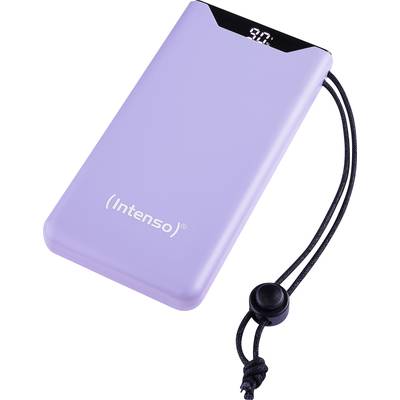 Paarse Intenso powerbank met digitale weergave van de laadstatus en zwarte lus. Perfect voor onderweg.