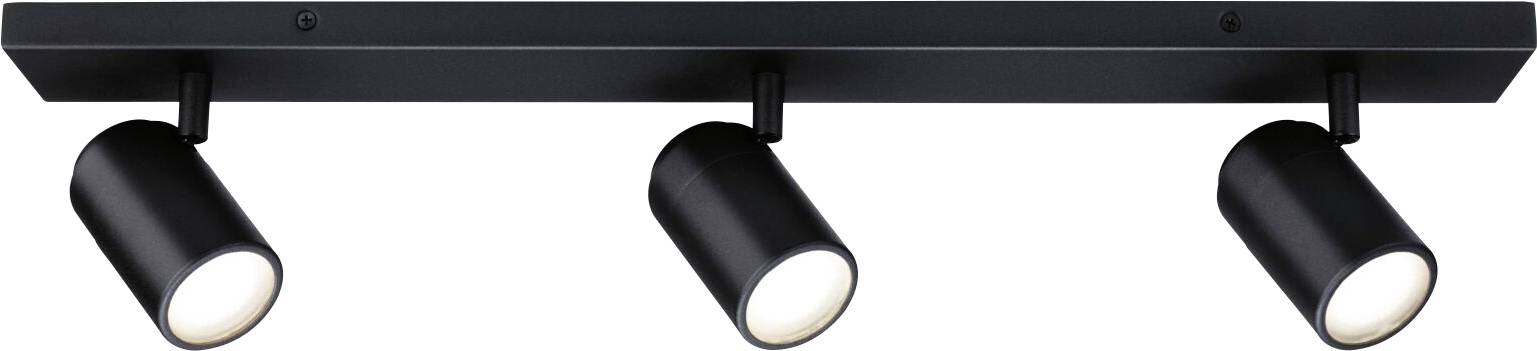 Driedubbele, zwarte plafondlamp met cilindrische, verstelbare spots voor gerichte verlichting.