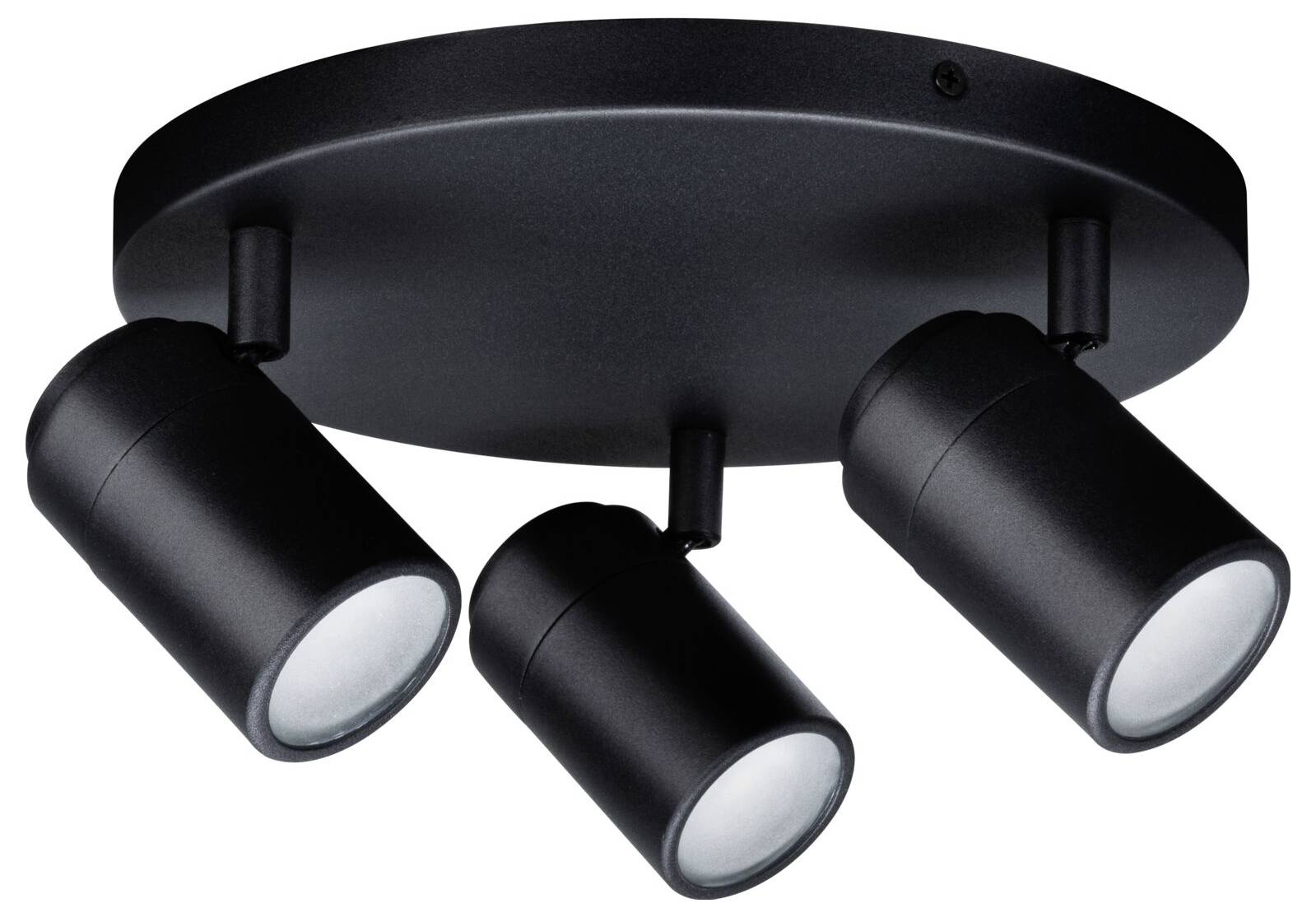 Zwarte, ronde plafondlamp met drie verstelbare, cilindrische lampen gericht naar beneden.