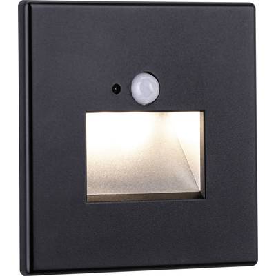 Zwarte inbouwspot voor aan de muur met geïntegreerde bewegingssensor en rechthoekige lichtuitsparing, geschikt voor trap- of vloerverlichting.