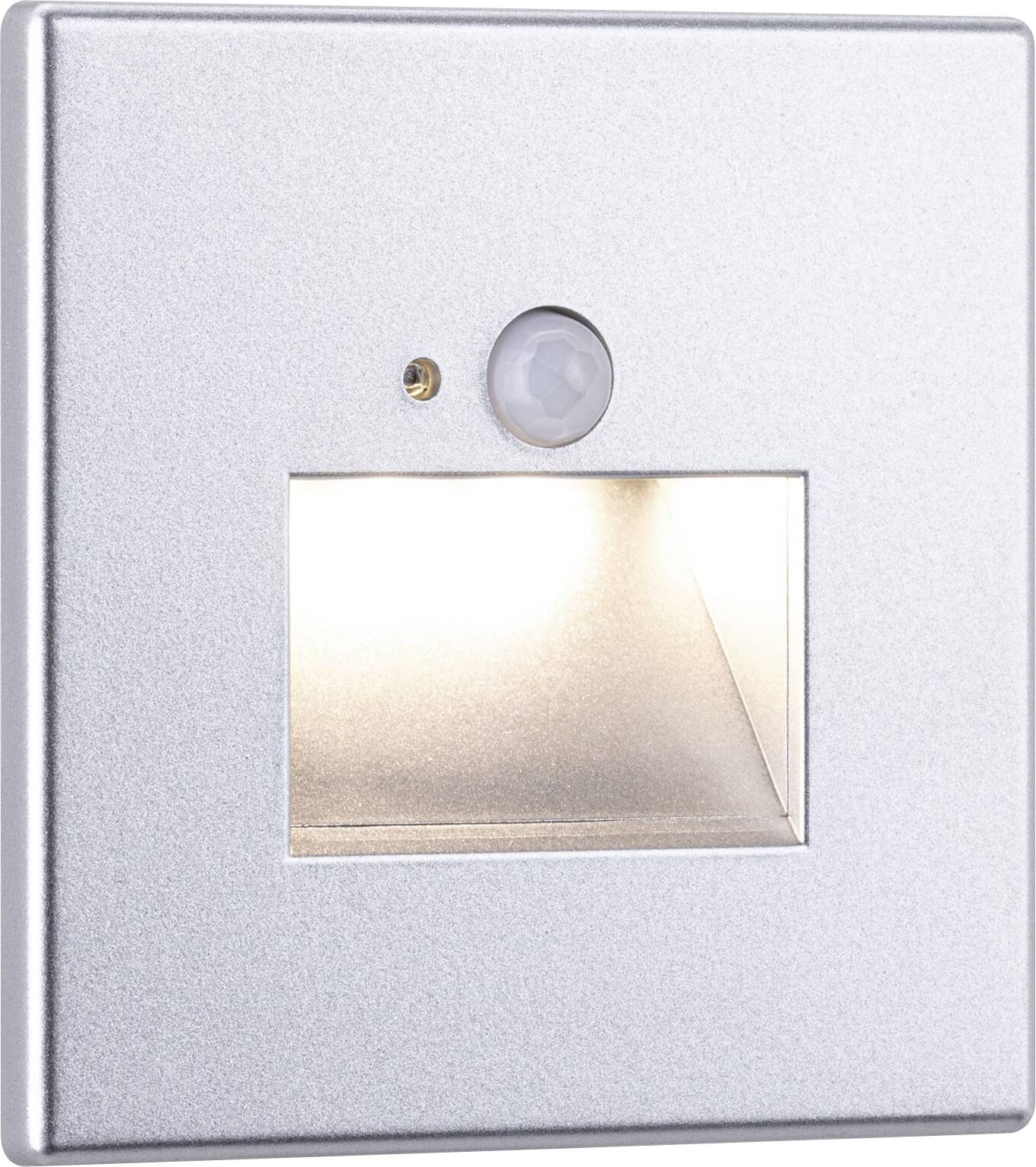 Metalen wandlamp met geïntegreerde bewegingssensor, verlicht naar beneden voor subtiele verlichting.