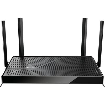 Een zwarte wifi-router met vier rechtopstaande antennes, ventilatieopeningen en statusleds aan de rechterkant van de voorkant.