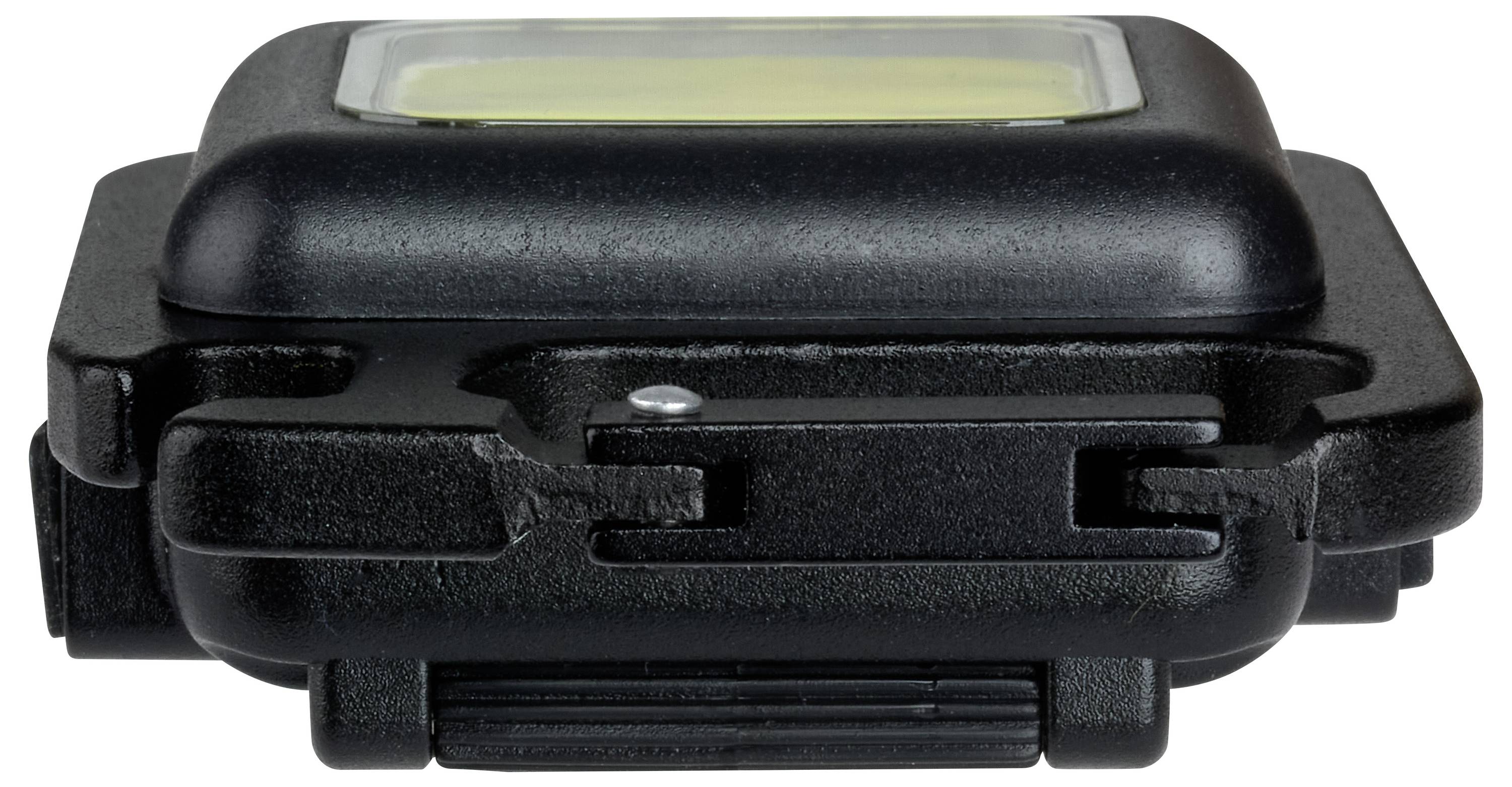 Een rechthoekige, compacte LED-schijnwerper in een zwart behuizing, plat liggend op een oppervlak, gefotografeerd van opzij.