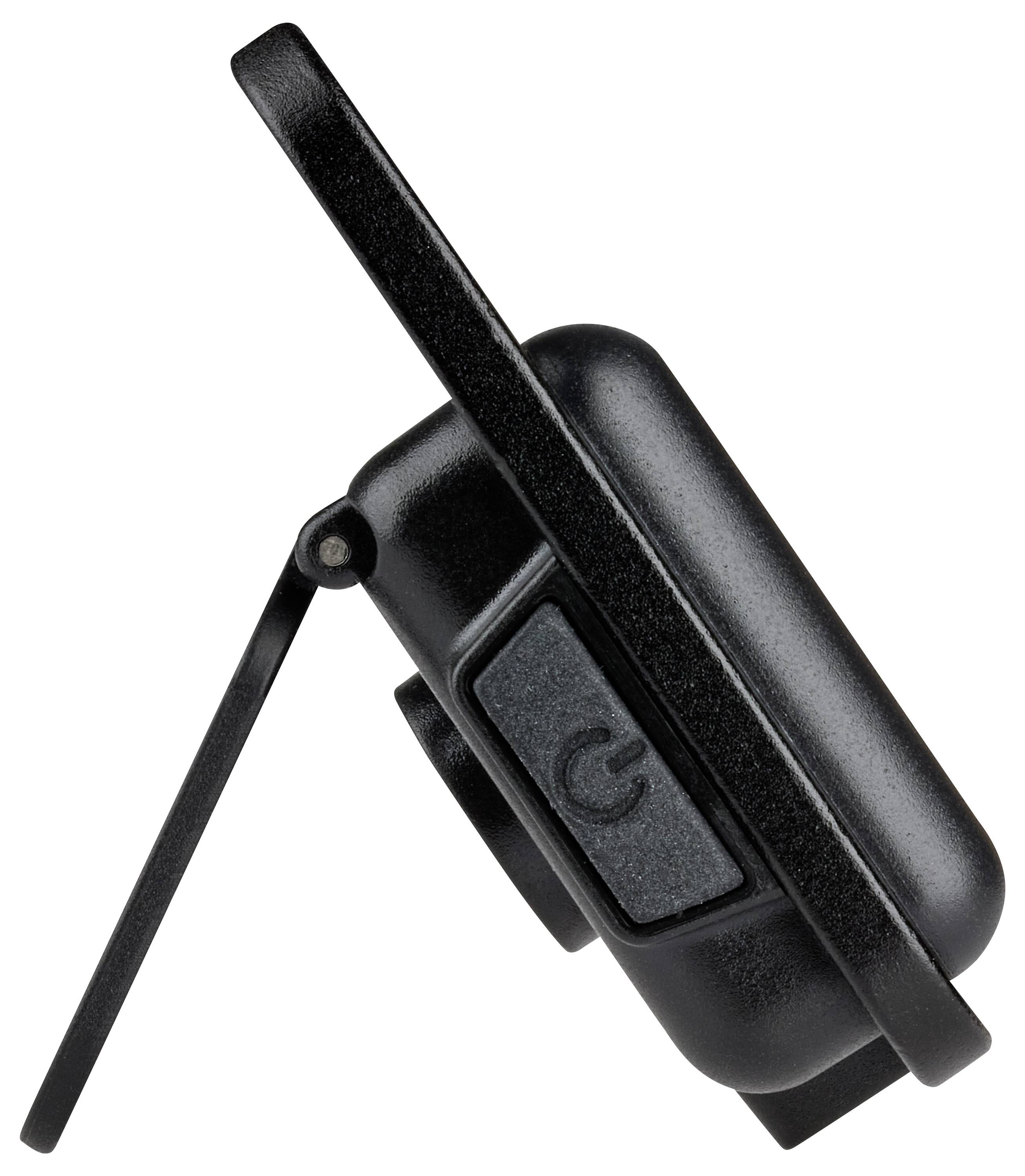 Draagbare zwarte camera in zijaanzicht met een uitstekende lens en een opvouwbaar mechanisme.