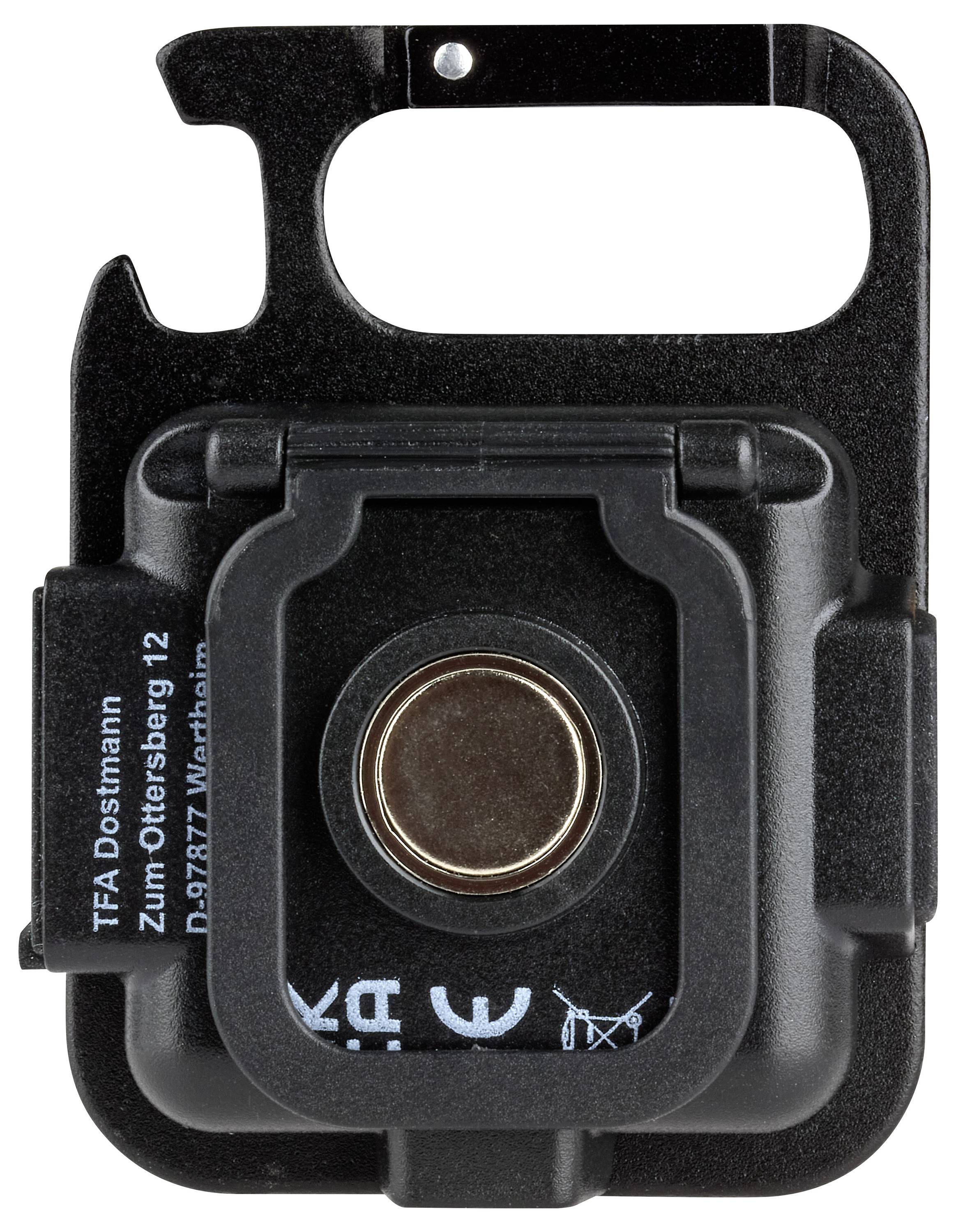 Een zwarte kunststof behuizing met een ronde magneet in het midden. Aan de linkerkant zijn witte tekstinformaties gedrukt.