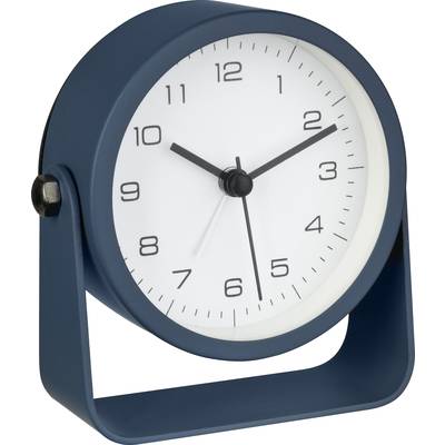 Een blauwe wekker met een wit wijzerplaat toont 10:10 uur aan.