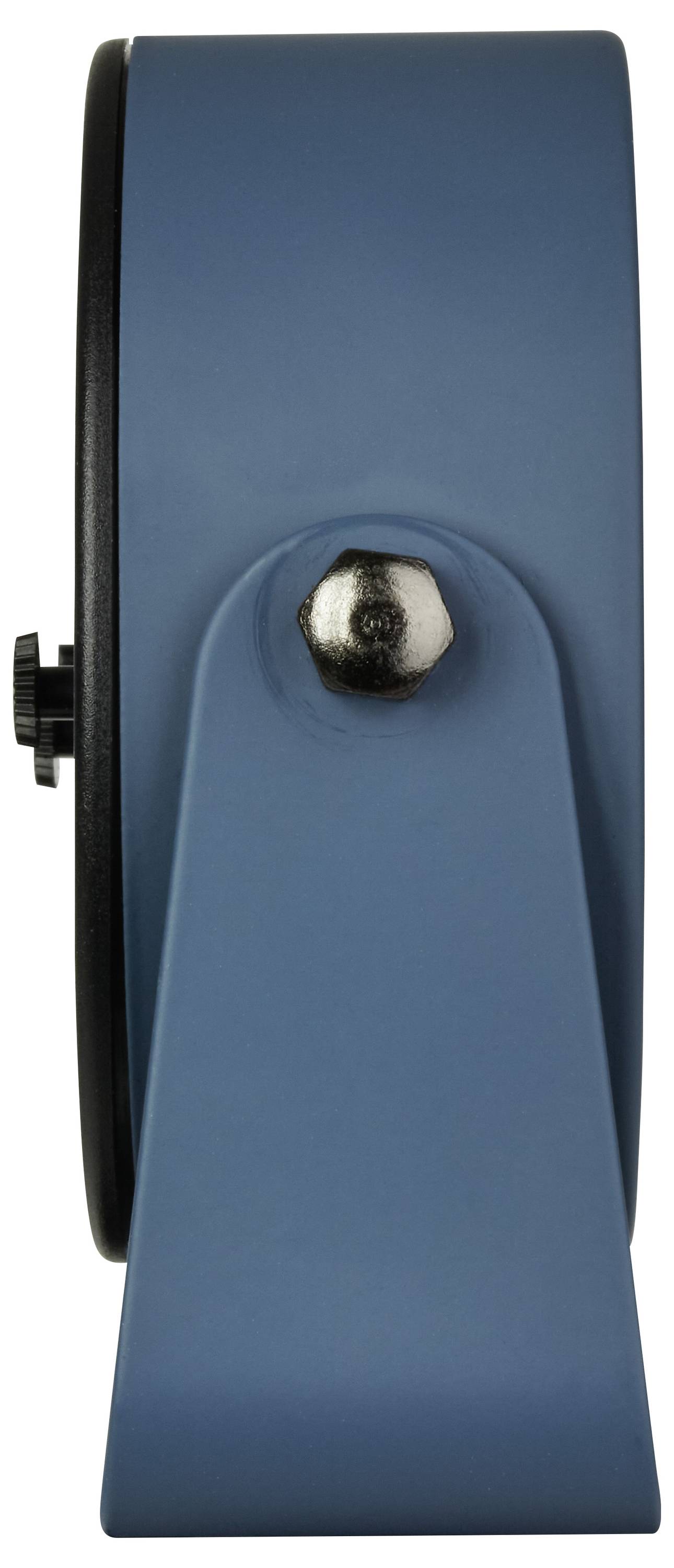 Een moderne, minimalistische blauwe tafelklok van opzij gezien, met een rond wijzerplaat en een slanke, rechthoekige voet.