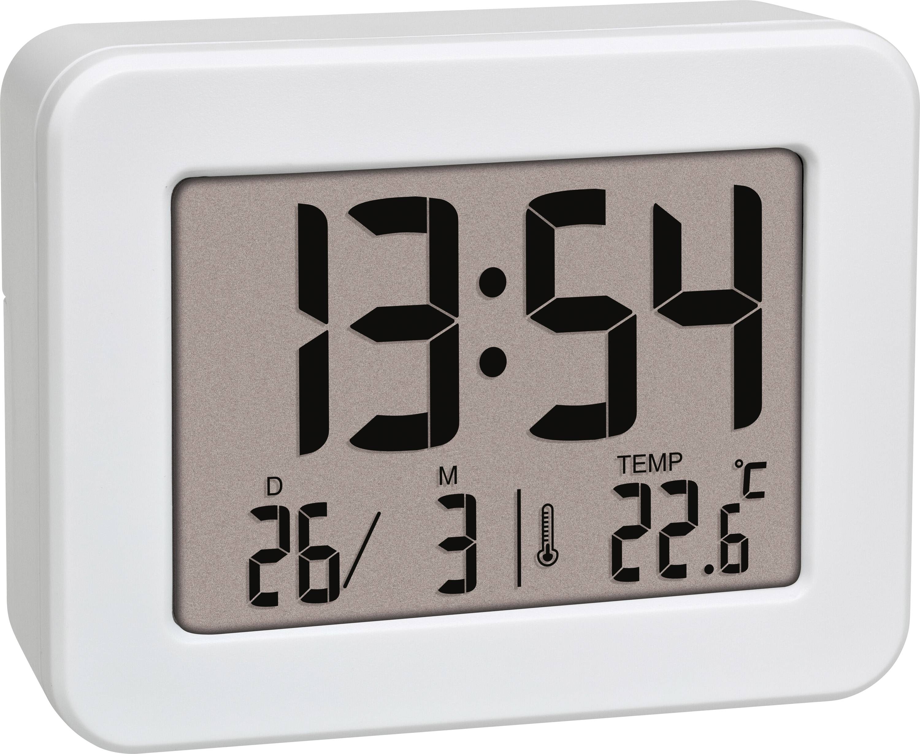 Digitale klok toont 13:54 uur, 26 maart, temperatuur 22,6 graden Celsius.