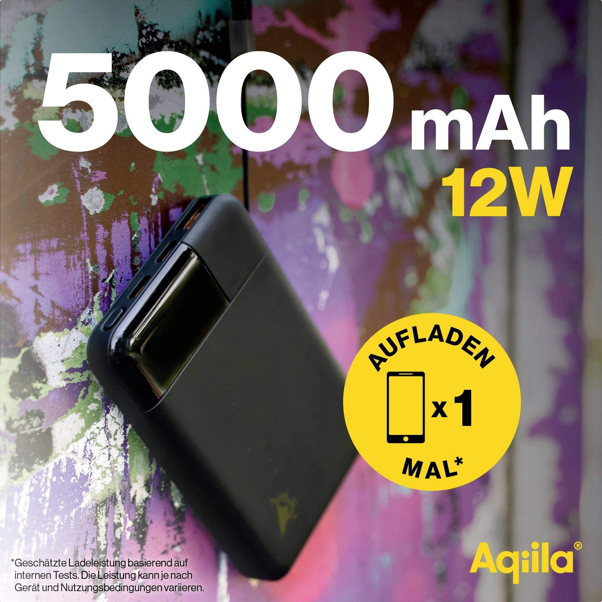 'Powerbank met 5000 mAh capaciteit en 12W vermogen. Opladen van een apparaat. Geschikt voor onderweg.'