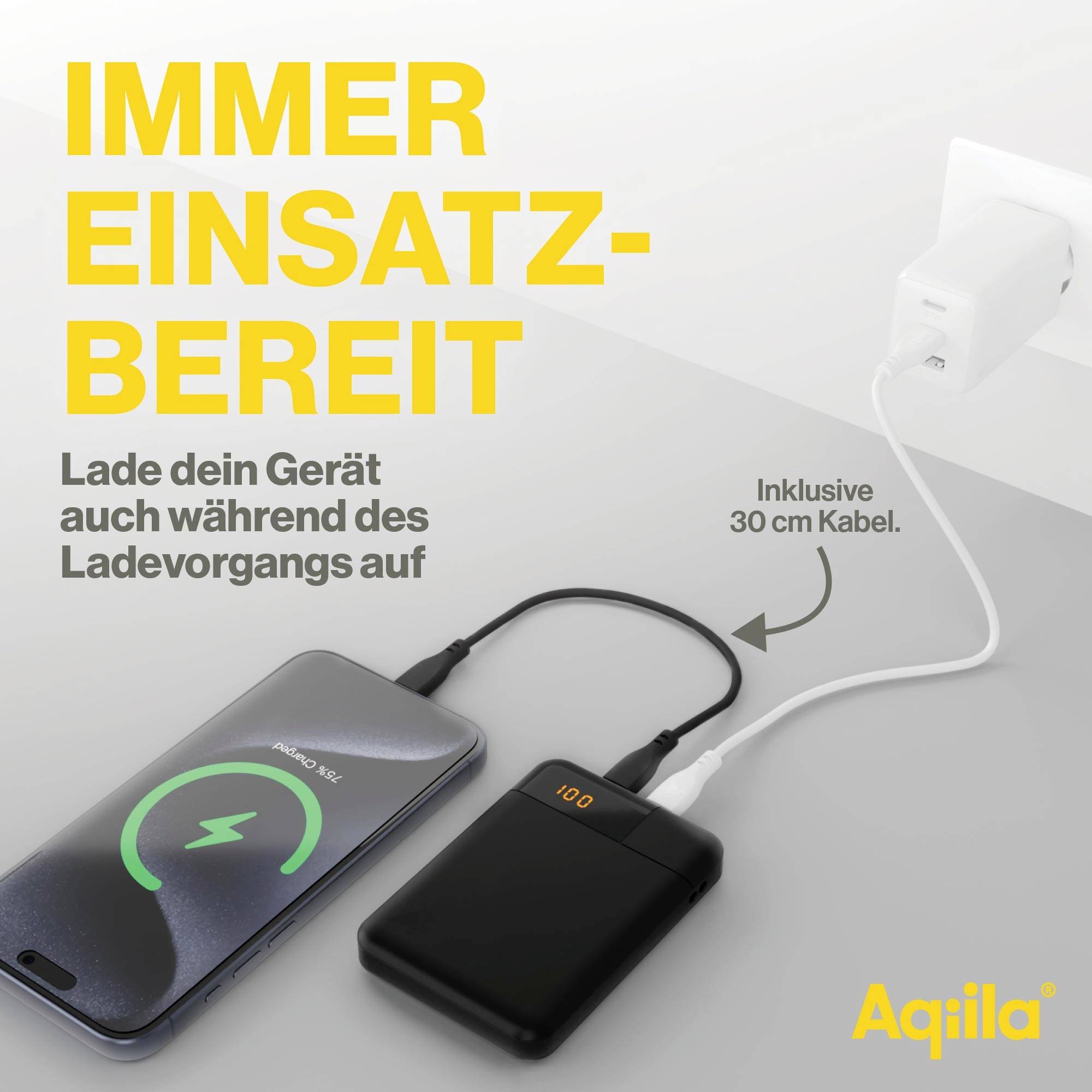 Smartphone en powerbank worden gelijktijdig opgeladen. De tekst luidt: 'Altijd klaar voor gebruik. Laad je apparaat ook op tijdens het opladen.' Inclusief 30 cm kabel.