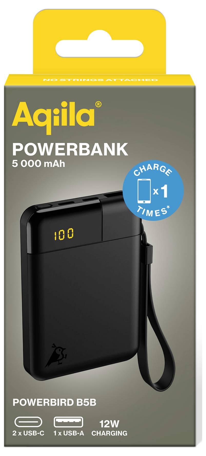 'Aqiila Powerbank B5B' met 5000 mAh capaciteit. Twee USB-C-poorten, één USB-A. 12W laadvermogen. Toont digitale weergave.