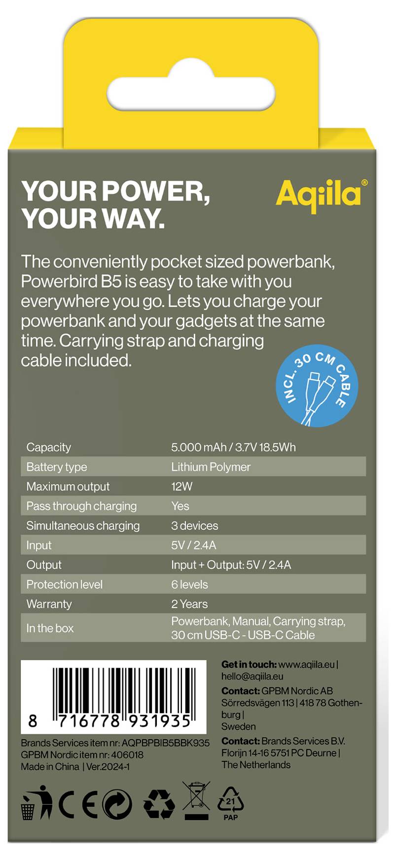 'Productverpakking van een powerbank met 5000 mAh capaciteit, Lithium-Polymeer accu, 12W maximaal vermogen. Inclusief kabel en draaglus.'
