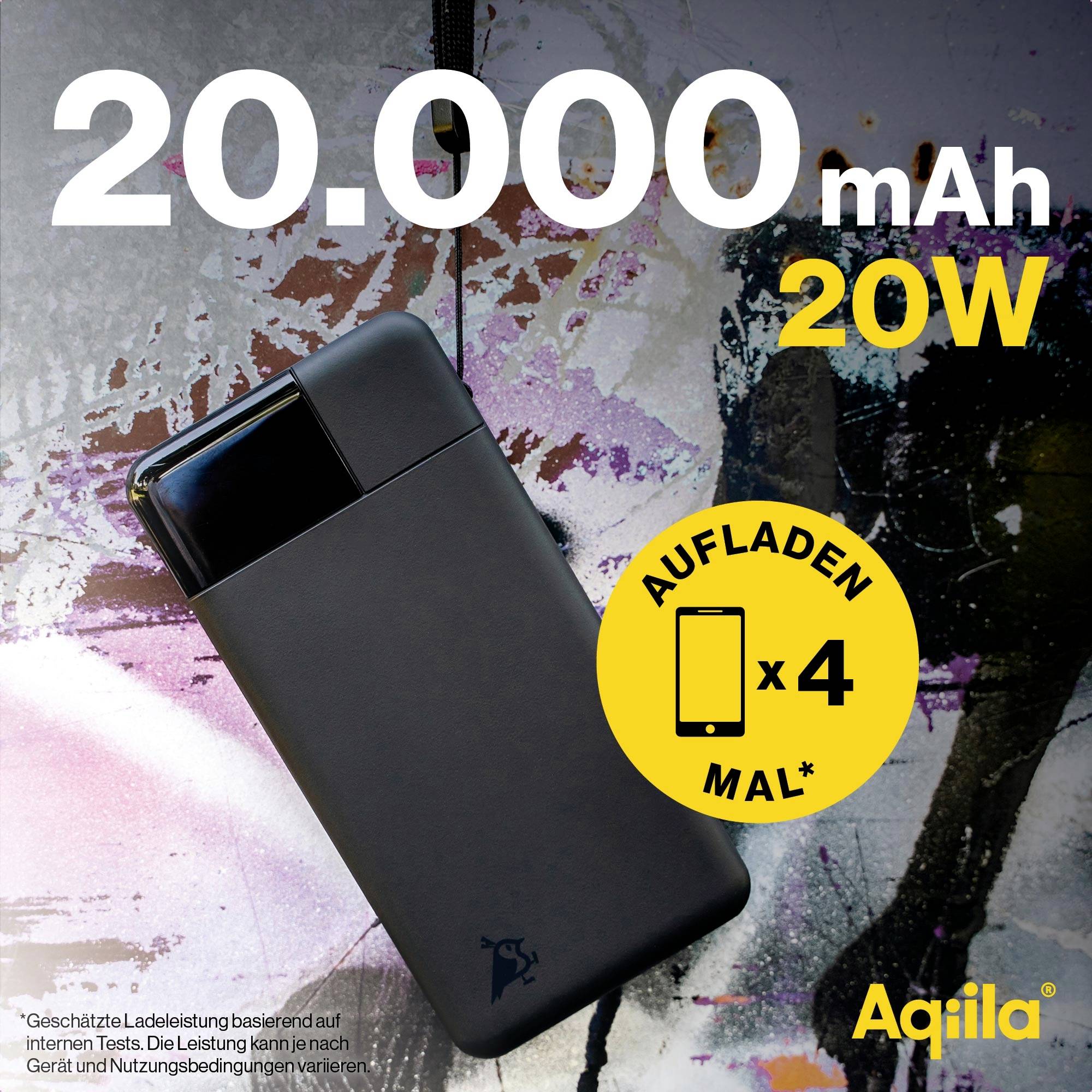 'Draagbare powerbank met 20.000 mAh capaciteit en 20W vermogen. Kan een smartphone tot wel vier keer opladen.'