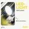 Een rond LED-licht aan een metalen stang schijnt helder. Tekst: 'LED-licht, 300 Lumen, Met 4 lichtintensiteiten.' Merkenlogo rechtsonder.