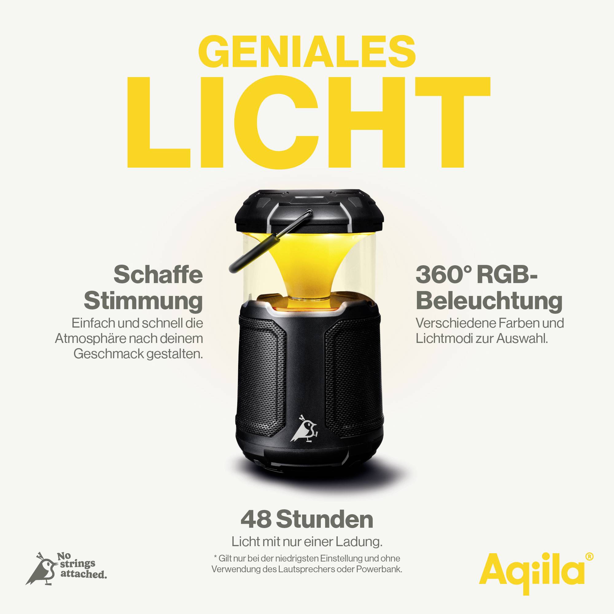 Geniaal Licht van Aqila: Draagbare lamp met 360° RGB-verlichting, 48 uur batterijduur en eenvoudige aanpassing van de sfeer.