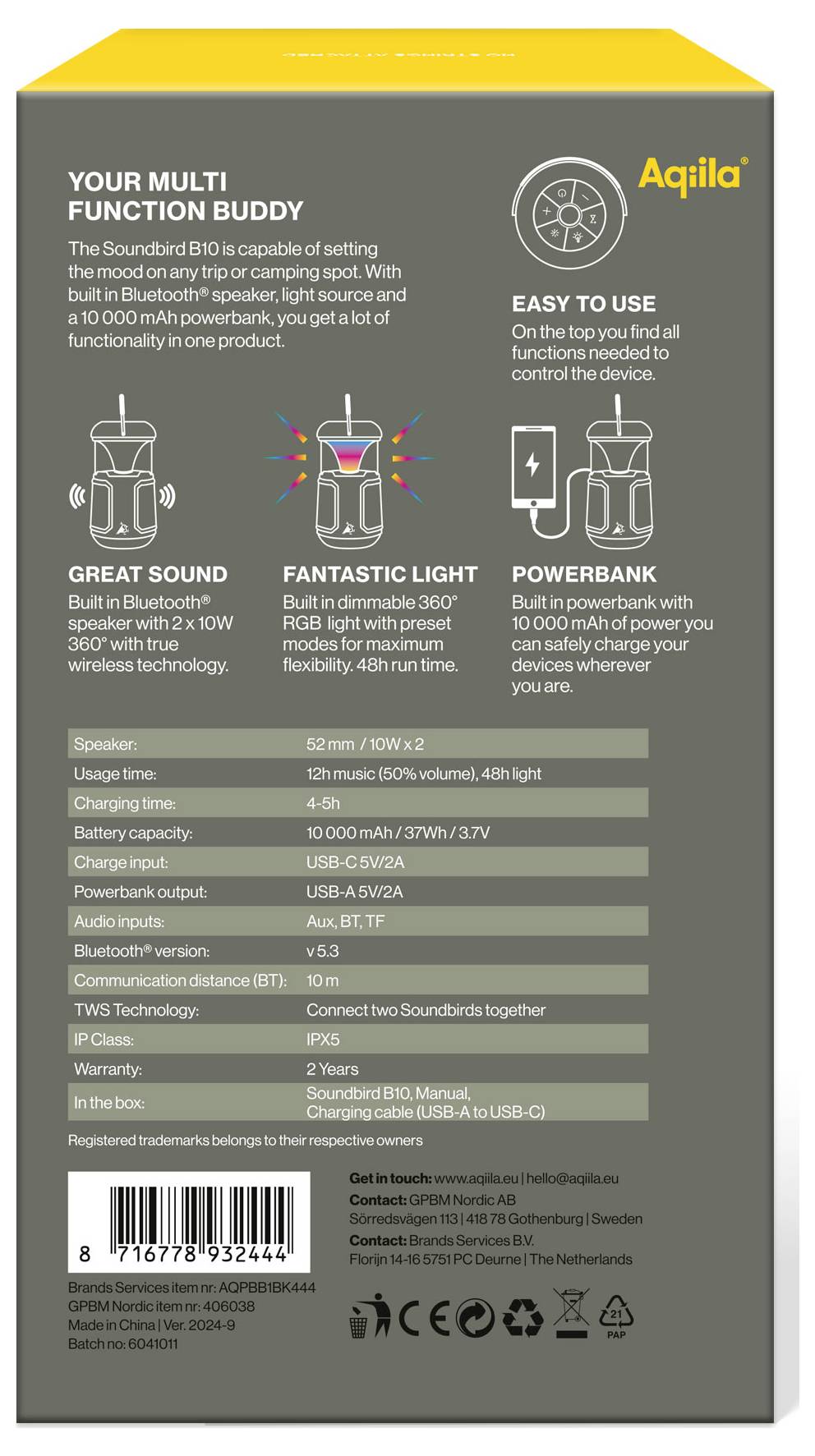 Grijze productverpakking van een luidspreker met geel logo rechtsboven. Functies: geweldig geluid, fantastische verlichting, powerbank.