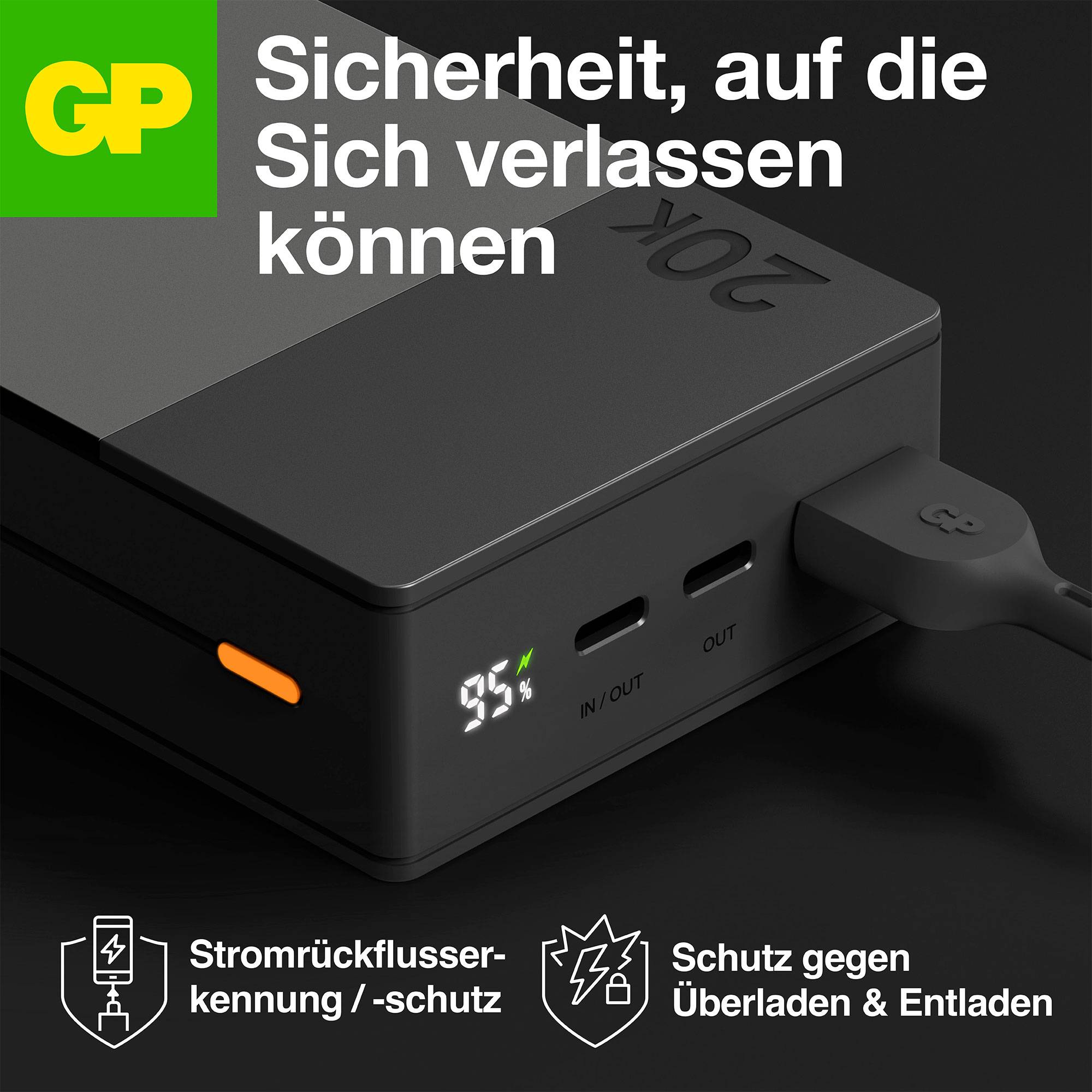 Powerbank met USB-kabel. Display toont 95% batterij. Tekst: 'Veiligheid waarop u kunt vertrouwen'. Symbolen voor bescherming en opladen.