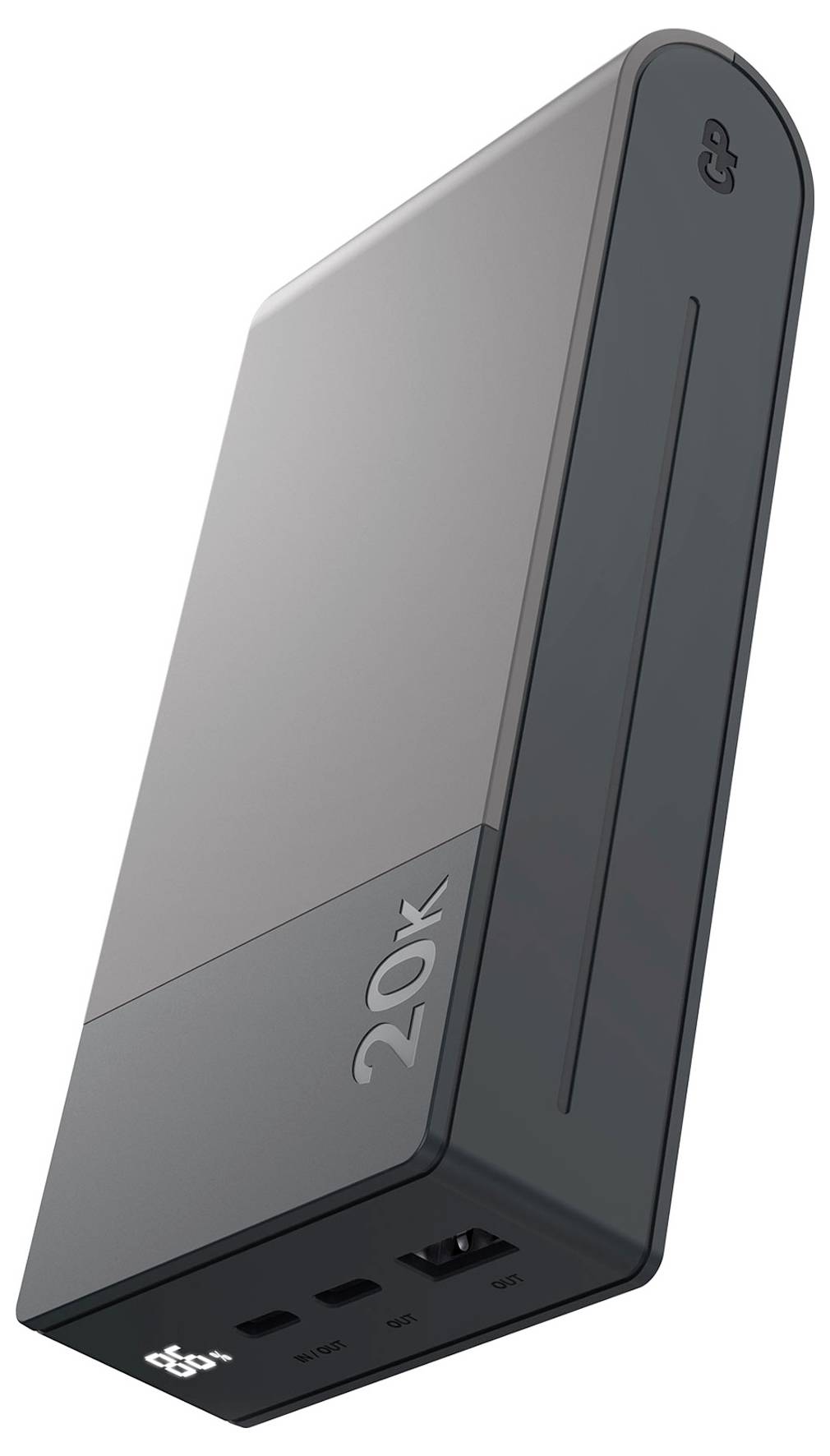 Een grijze powerbank met de opdruk '20K' en verschillende aansluitingen aan de voorkant.