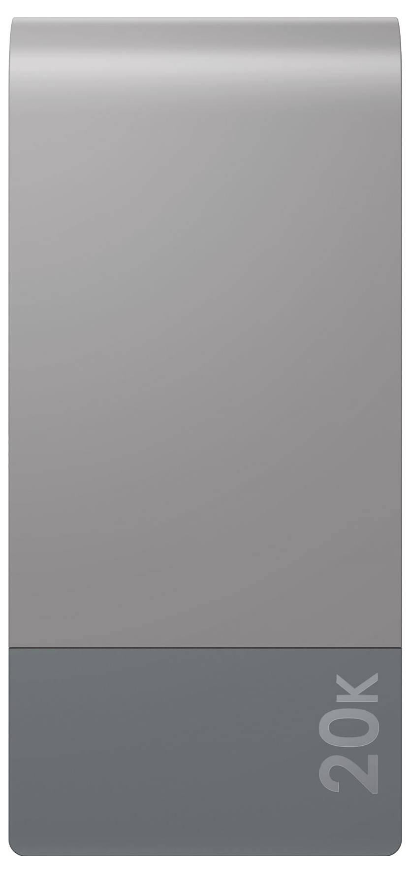 Grijze powerbank met rechthoekige vorm, capaciteit van 20.000 mAh, modern design.