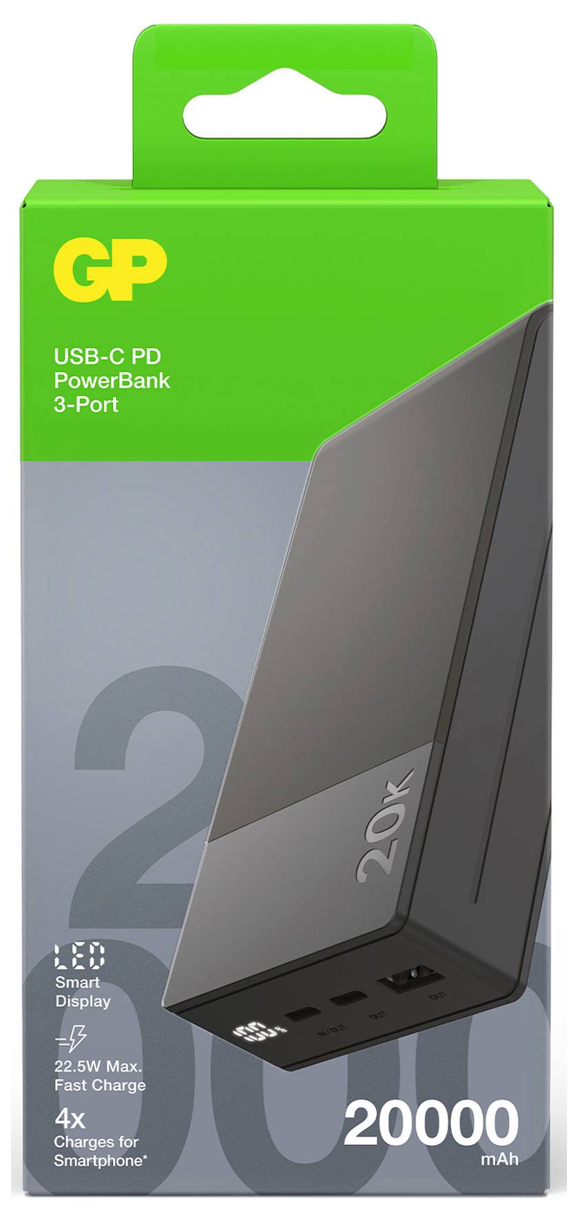 Een powerbank-verpakking met een groen bovendeel, toont een zwart apparaat met drie USB-poorten en een capaciteit van 20000 mAh.