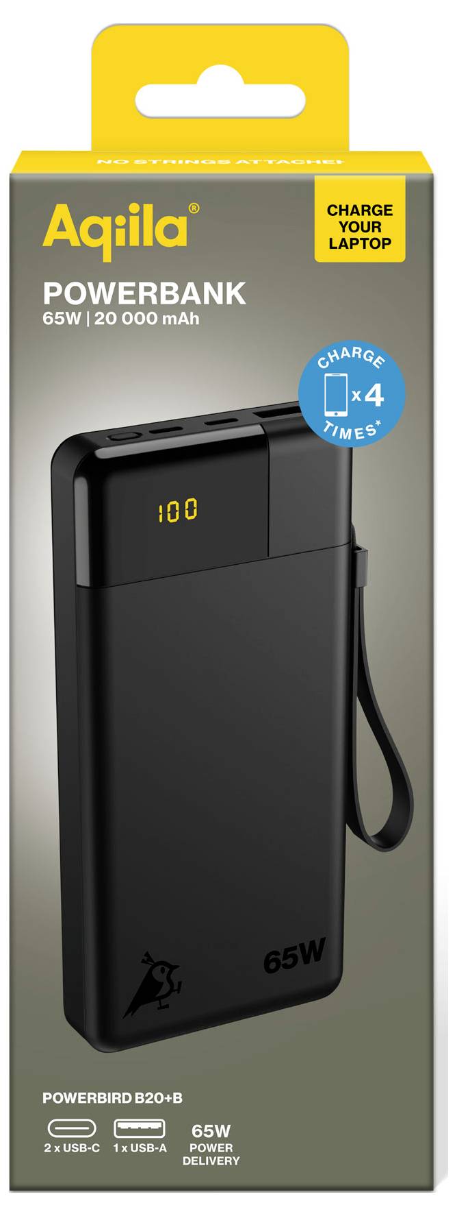 Powerbank-verpakking met tekst 'Aqila POWERBANK 65W | 20 000 mAh'. Toont een zwart apparaat met een laadstatusdisplay en gele details.
