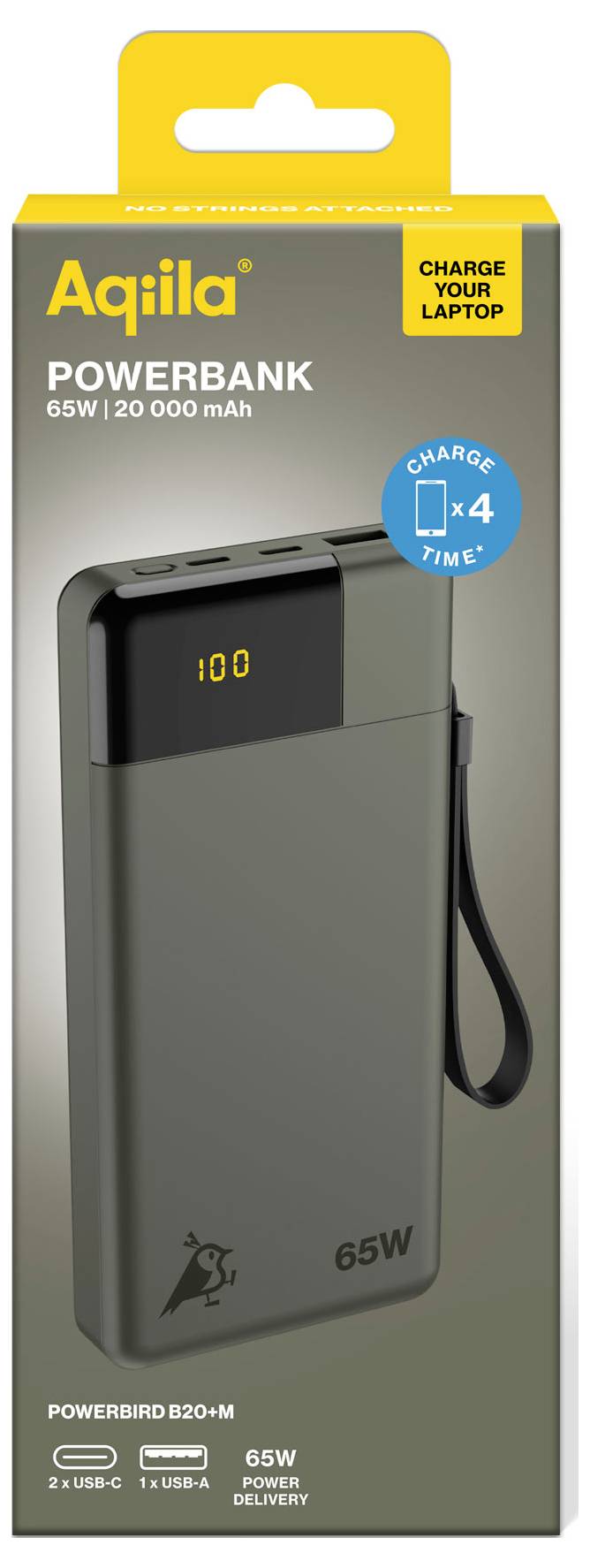 Afgebeeld is een powerbank van het merk 'Aqila' met een capaciteit van 20.000 mAh en een vermogen van 65 W. Hij kan laptops opladen.