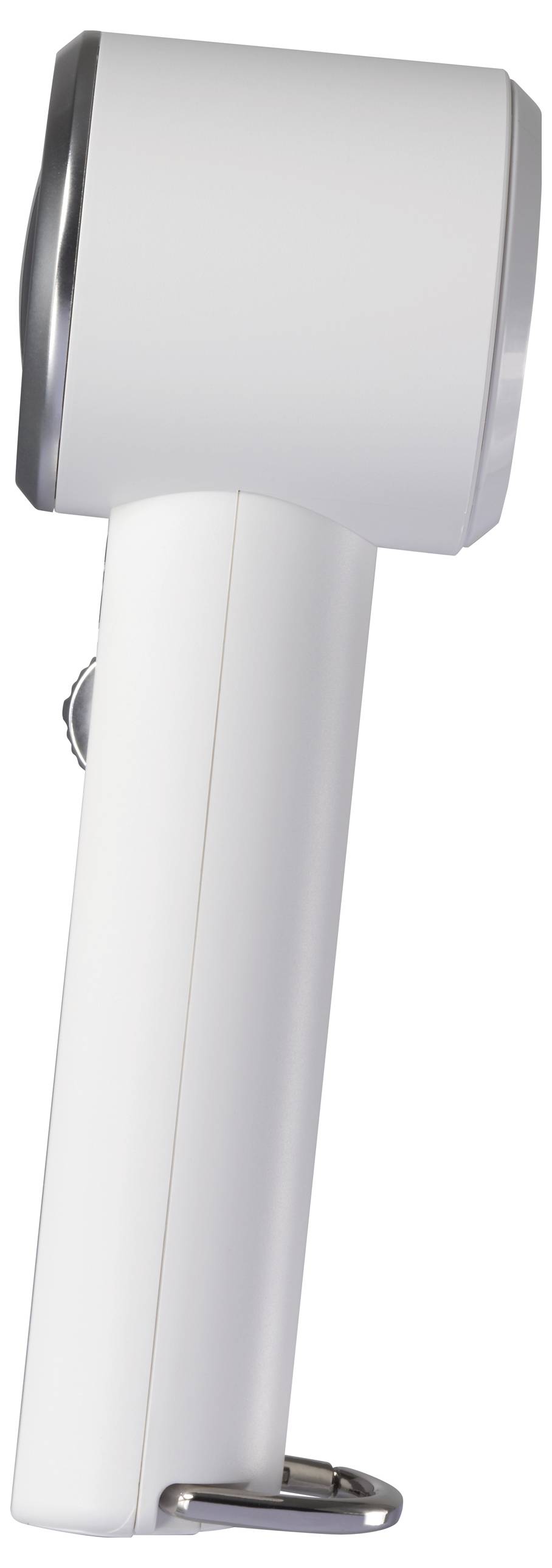 Een witte, elektrische massager gezien van opzij met een zilveren rand.