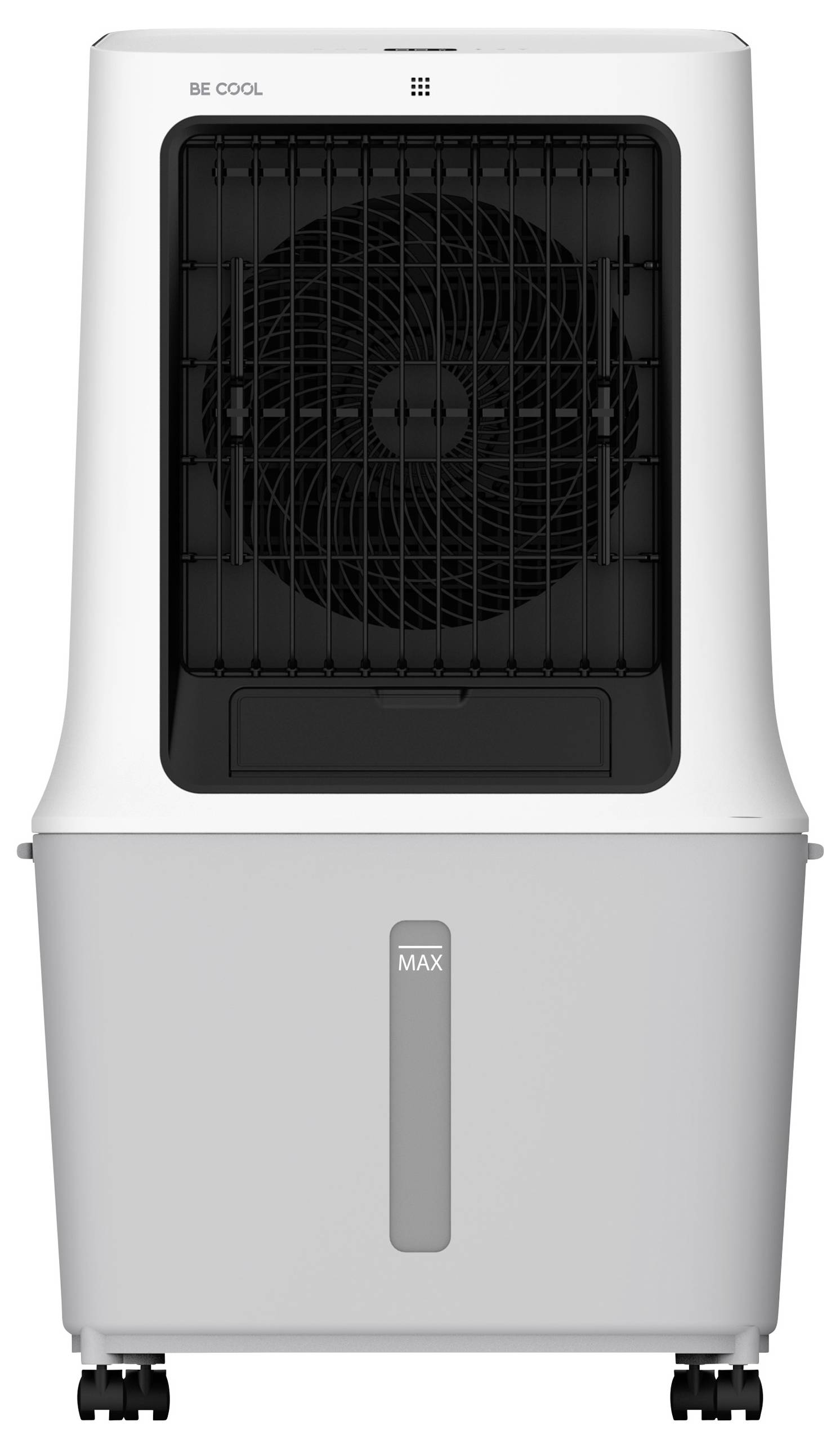 Een witte aircooler met een zwart ventilatorrooster, daaronder een grijze watertank met een maximaal standmarkering.