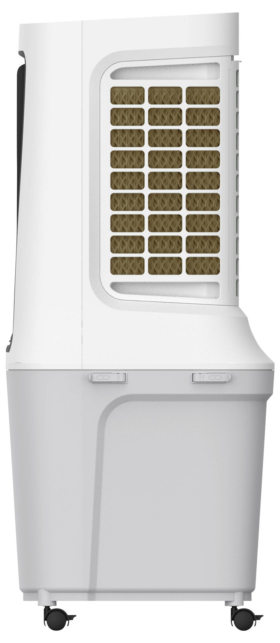 Luchtkoeler in het wit met een bruine rooster, op vier wielen, zijaanzicht.