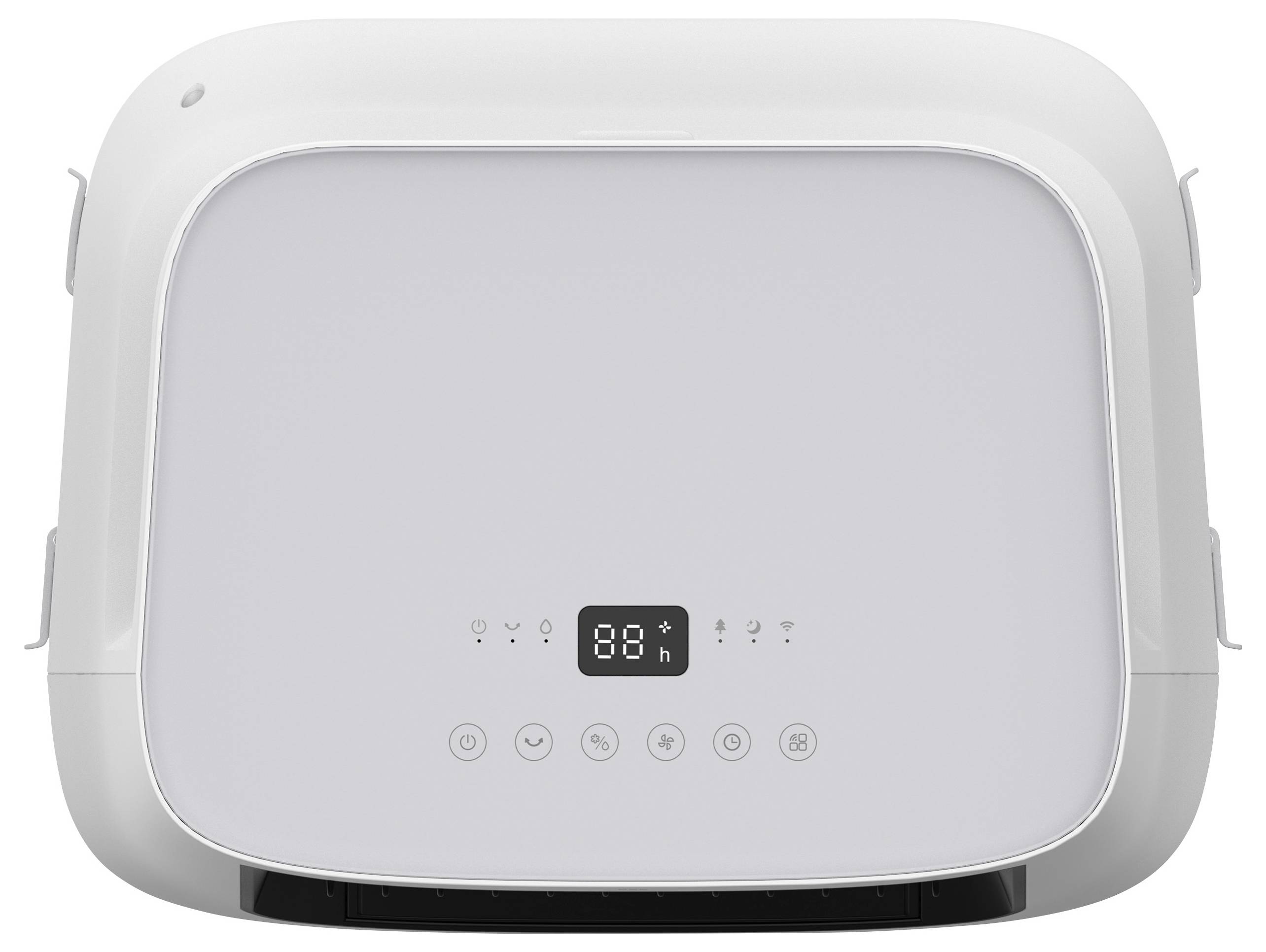 Een wit huishoudelijk apparaat met een digitaal display aan de voorkant dat '88 h' weergeeft. Daaronder bevinden zich vijf bedieningsknoppen.