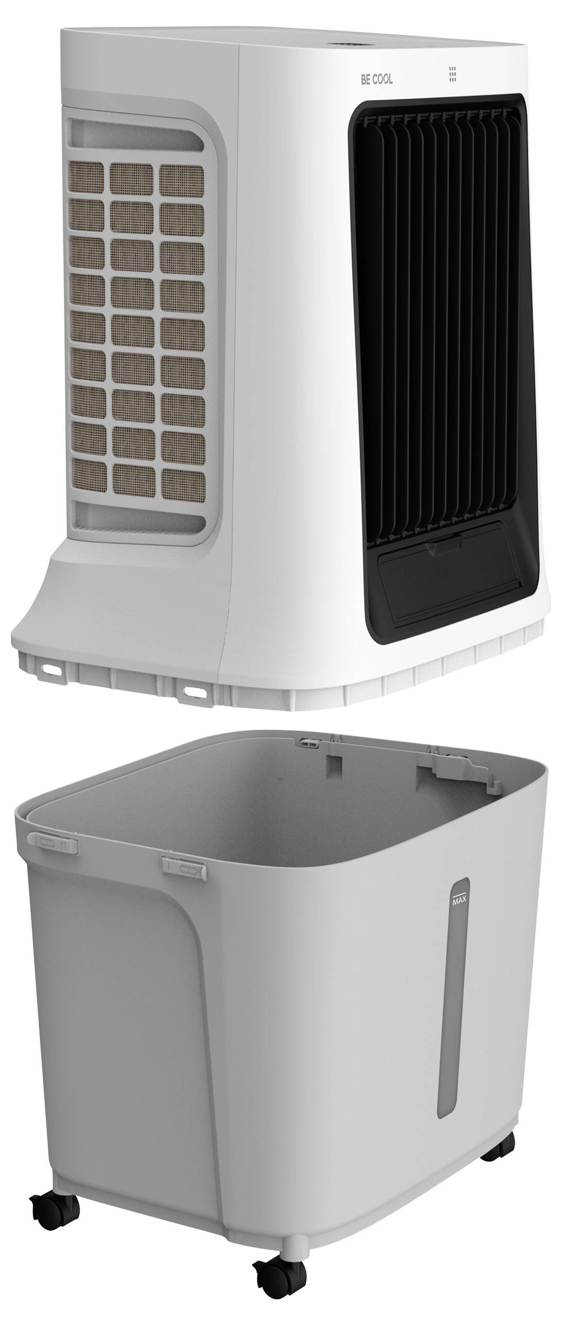 Mobiele aircooler met watertank, ventilatierooster aan de voorkant, gemakkelijk bereikbare waterreservoir met wielen, modern wit design.