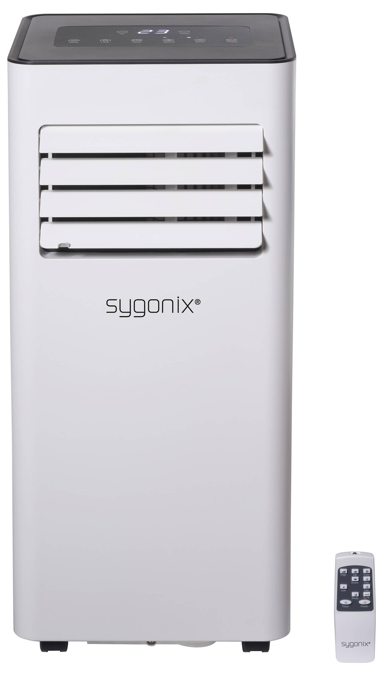 Een witte, rechthoekige airconditioner van 'sygonix' met verluchtingssleuven bovenaan en een afstandsbediening ernaast.