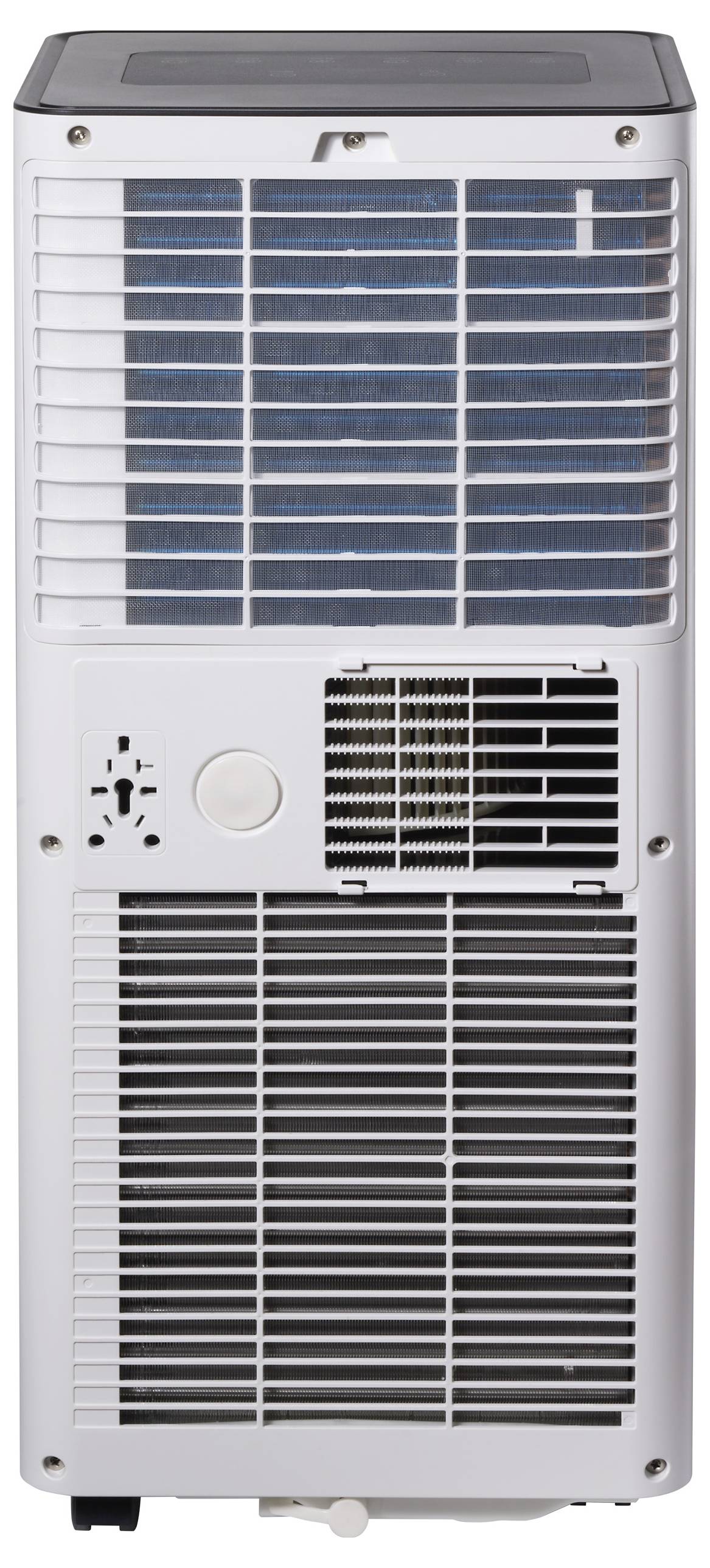 Een draagbare airconditioning met ventilatierooster en bedieningsknoppen aan de voorkant. Ideaal voor het koelen van kleinere ruimtes.