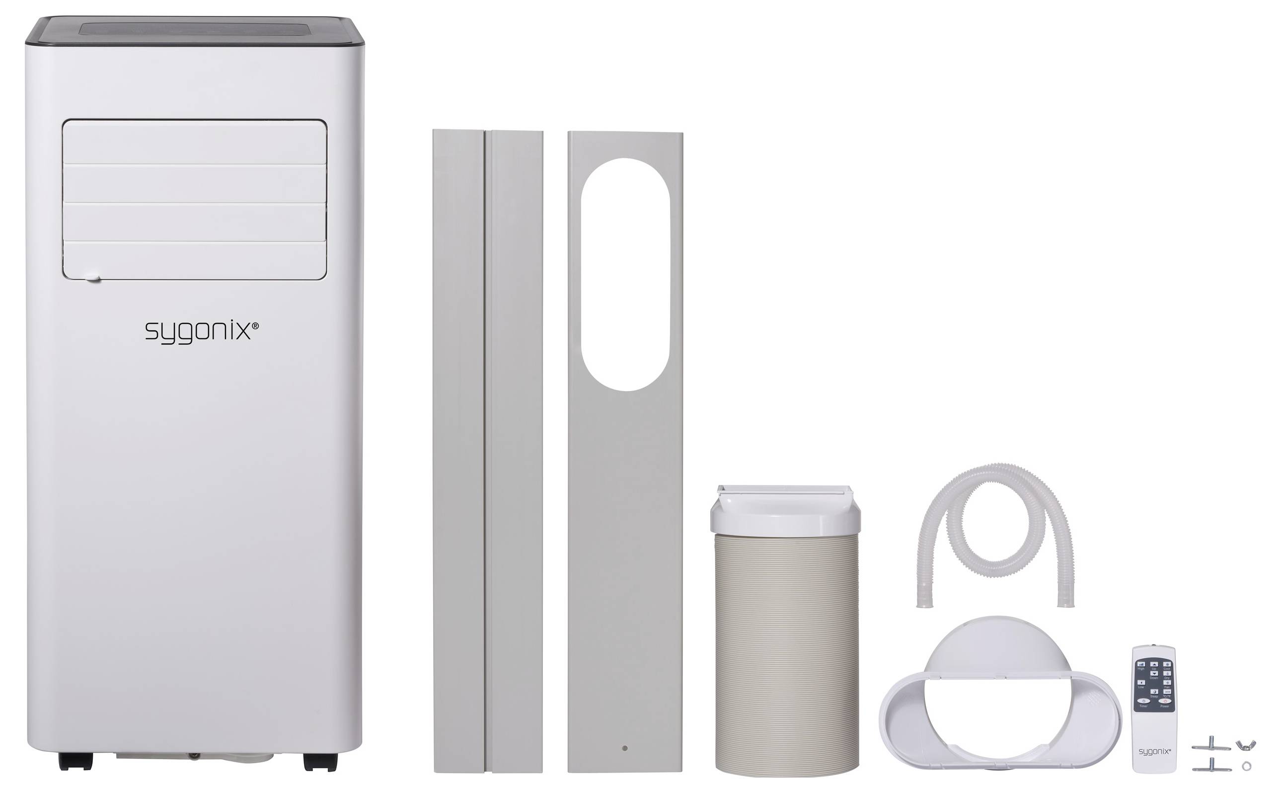 Mobiele airconditioning met toebehoren zoals raamafdichtingsplaten, afvoerslang en afstandsbediening zichtbaar.