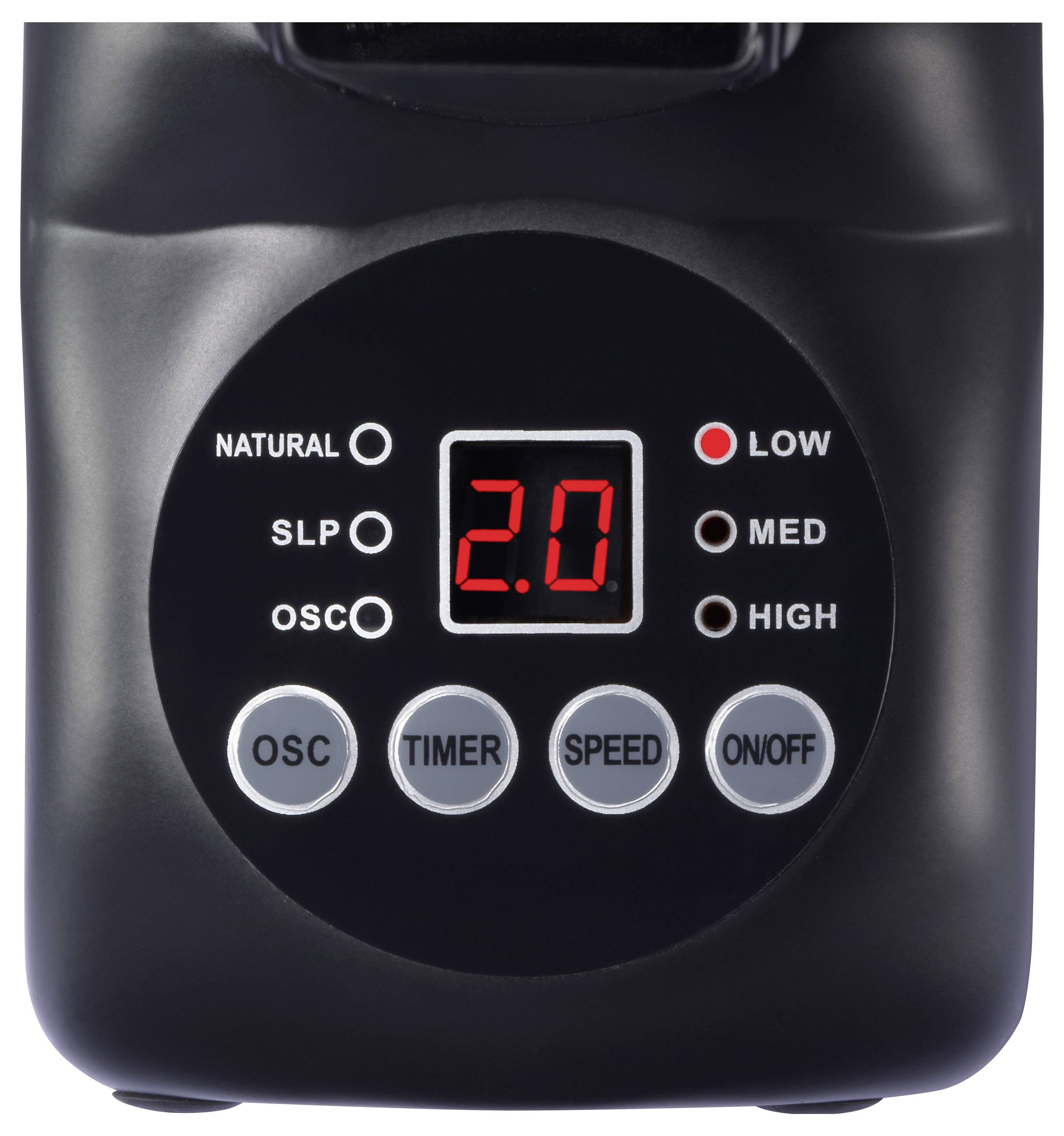 Zwart bedieningspaneel van een ventilator met digitaal display in het midden. Knoppen voor 'OSC', 'TIMER', 'SPEED', 'ON/OFF'. Indicatoren voor modi en snelheid links en rechts van het display.